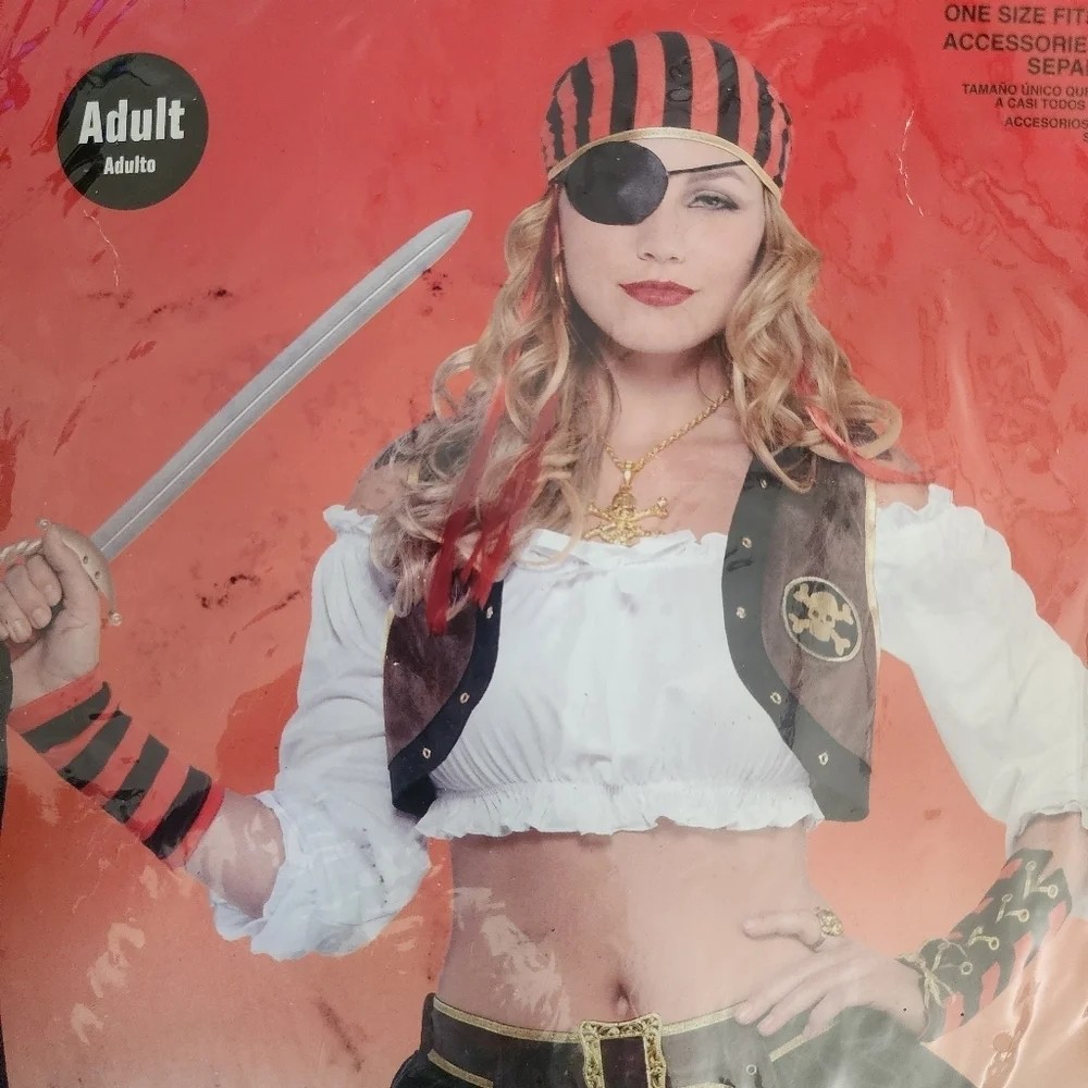 NWT Pirate Swashbuckler Kit - Vest, Wrist Cuffs, Headscarf Adult One Size OS New - Picture 2 of 6
